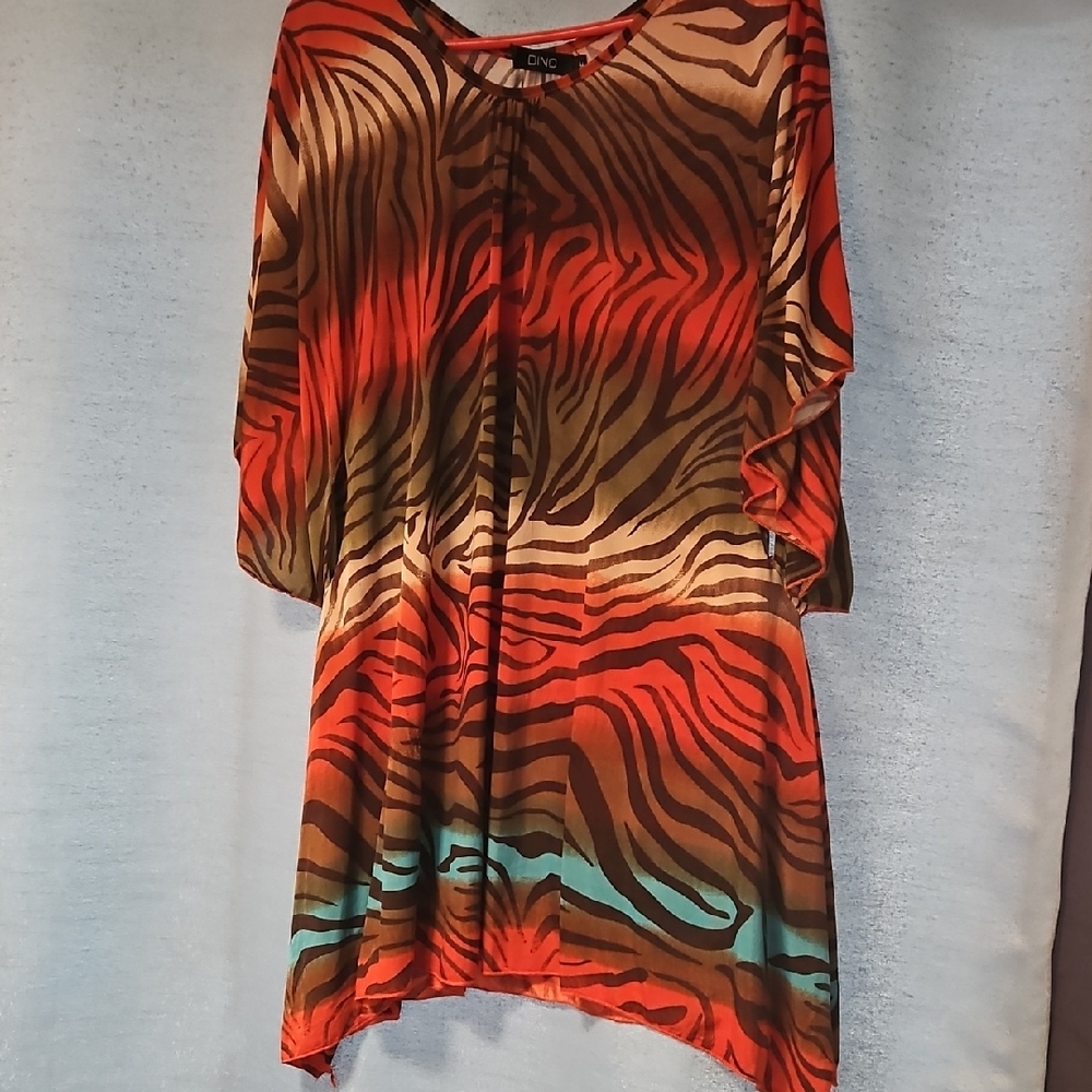 Dino Women's Zebra Print Tunic - Red, Brown, and Blue